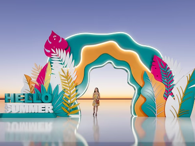 Summer Event Entrance With Colorful Tropical Leaves And Hello Summer Signage 3d model