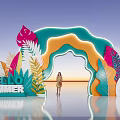 Summer Event Entrance With Colorful Tropical Leaves And Hello Summer Signage