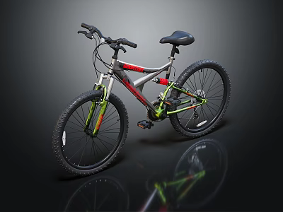 Red and Silver Mountain Bicycle with Green Accents Black Seat and Reflective Design 3d model
