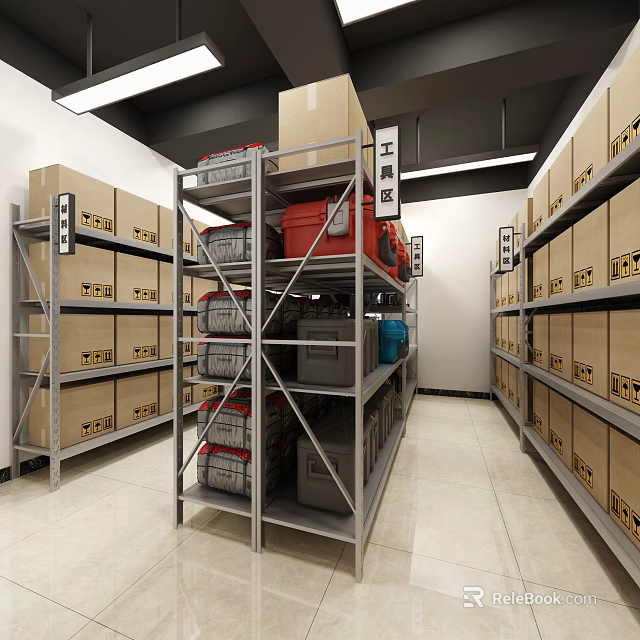Organized Tool Room With Metal Shelves Colored Storage And Cardboard Boxes 3d model 