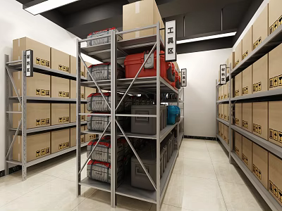 Organized Tool Room With Metal Shelves Colored Storage And Cardboard Boxes 3d model