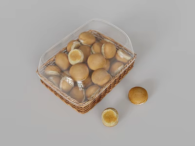 Small Round Buns in Basket with Transparent Lid and Scattered on Surface 3d model