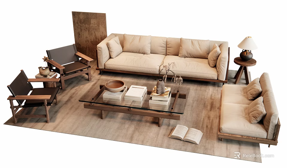 Modern Sofa and Coffee Table with Glass Top Wooden Frame Beige Upholstery and Side Table 3d model 