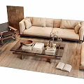 Modern Sofa and Coffee Table with Glass Top Wooden Frame Beige Upholstery and Side Table