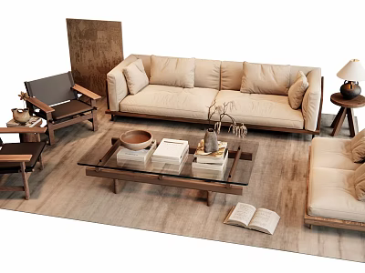 Modern Sofa and Coffee Table with Glass Top Wooden Frame Beige Upholstery and Side Table 3d model