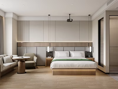 Hotel Guest Room Modern Design With King Bed Green Bedspread Sofa Area And Wooden Flooring 3d model