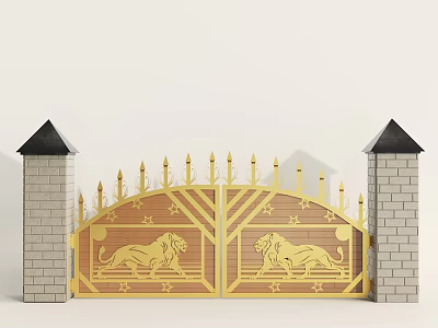 Ornate Golden Gate Featuring Brick Pillars Black Spires And Lion Carvings 3d model