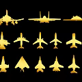Different Golden Fighter Jet Silhouettes From Various Angles And Models 3d model