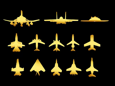 Different Golden Fighter Jet Silhouettes From Various Angles And Models 3d model