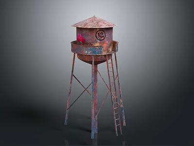 Rusty Metal Water Tower With Ladder Small Roof And Red Graffiti 3d model