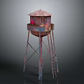 Rusty Metal Water Tower With Ladder Small Roof And Red Graffiti 3d model