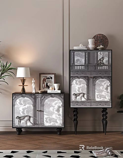 Stylish Entryway Cabinet and Side Cabinet with Monkey Design and Decor Items 3d model 