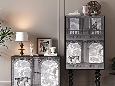 Stylish Entryway Cabinet and Side Cabinet with Monkey Design and Decor Items 3d model