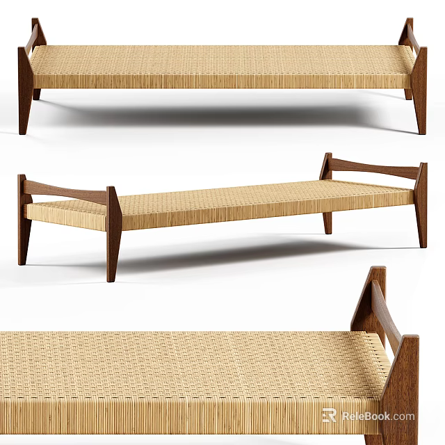 Modern Wooden Bench With Woven Seat And Tapered Legs Design 3d model 
