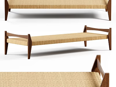 Modern Wooden Bench With Woven Seat And Tapered Legs Design 3d model