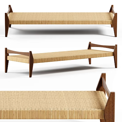 Modern Wooden Bench With Woven Seat And Tapered Legs Design 3d model