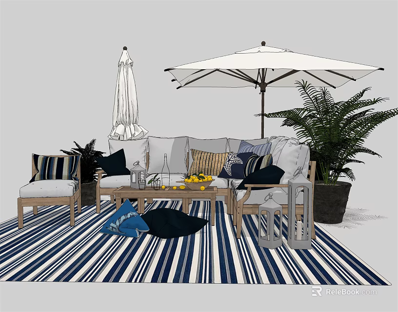Outdoor Sofa Setup With Coffee Table Striped Rug Umbrella Plants And Pillows 3d model
