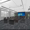 Spacious Bright Modern Conference Room With Wooden Meeting Table Comfortable Office Chairs And Large