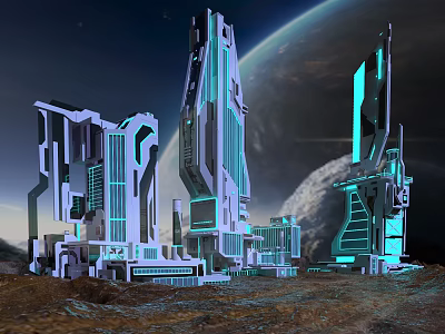 Futuristic Sci Fi Architecture With Tall Blue Lit Towers And Extraterrestrial Landscape 3d model
