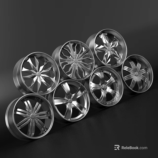 Silver Car Wheels With Various Spoke Patterns Arranged On Black Surface 3d model 