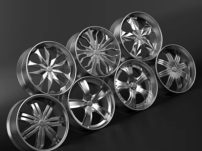 Silver Car Wheels With Various Spoke Patterns Arranged On Black Surface 3d model