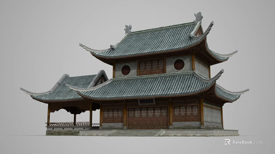 Ancient Chinese Architecture Two Story Building With Overhanging Eaves Tiled Roof And Carved Wooden Details 3d model 