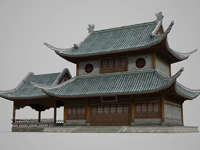 Ancient Chinese Architecture Two Story Building With Overhanging Eaves Tiled Roof And Carved Wooden Details 3d model
