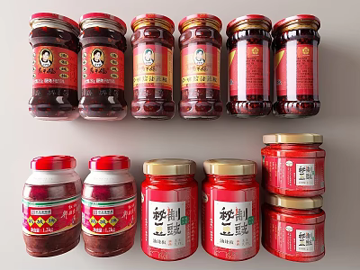 Assorted Red Chinese Chili Sauce Jars With Brand Labels On 3d model