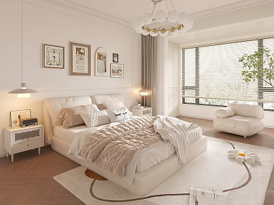 Elegant Modern Bedroom Interior With Large Bed Framed Artworks Chandelier Nightstands And Armchair 3d model