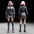 Female Character With Pink Hair Black Jacket Short Skirt Decorative Stockings Front Back Views