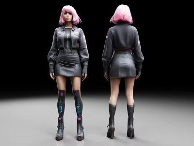 Female Character With Pink Hair Black Jacket Short Skirt Decorative Stockings Front Back Views 3d model