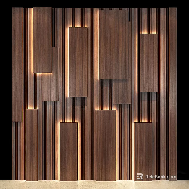 Modern Wooden Background Wall With Geometric Panel Design And LED Lighting 3d model 
