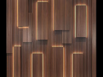 Modern Wooden Background Wall With Geometric Panel Design And LED Lighting 3d model