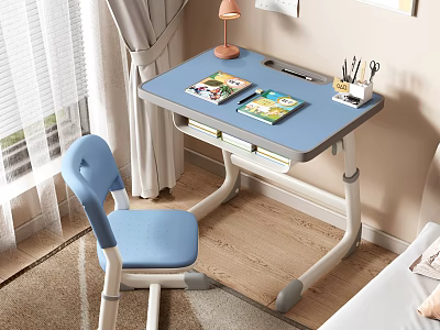 Blue Adjustable Height Desk With Books Stationery Lamp And Matching Blue Chair In Room 3d model