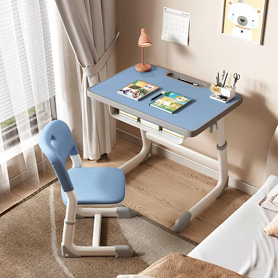 Blue Adjustable Height Desk With Books Stationery Lamp And Matching Blue Chair In Room 3d model