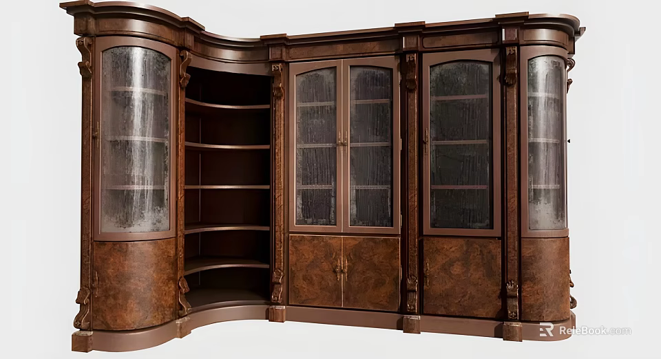 Vintage Wooden Bookcase with Glass Doors Ornate Carved Details and Spacious Shelving Units 3d model 
