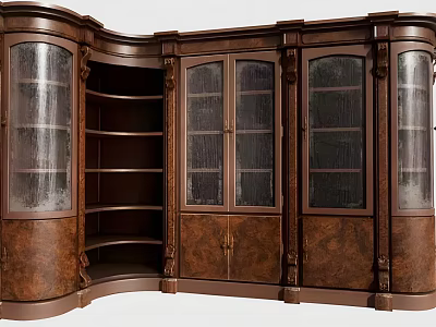 Vintage Wooden Bookcase with Glass Doors Ornate Carved Details and Spacious Shelving Units 3d model