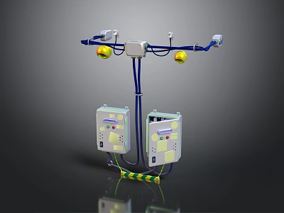 Industrial Equipment System With Blue Hanging Frame Yellow Balls Control Boxes And Cables 3d model