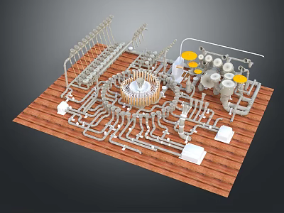 Intricate Industrial Pipe System Model With Circular Layout Valves And Components On Wooden Base 3d model