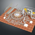 Intricate Industrial Pipe System Model With Circular Layout Valves And Components On Wooden Base