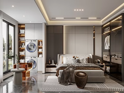 Modern Bedroom Interior Design With Bed Nightstand Mirrored Wardrobe Area Rug And Natural Light 3d model