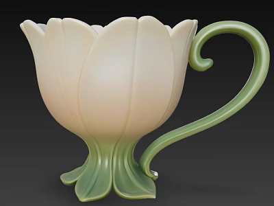 Lotus Shaped Cup with White Body and Green Curved Handle and Leaf Inspired Base Design 3d model