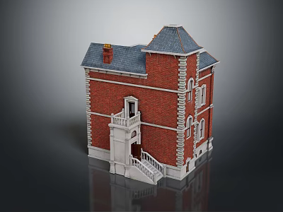 Traditional Red Brick Building With Gray Roof White Trim Windows Porch Staircase And Chimney 3d model