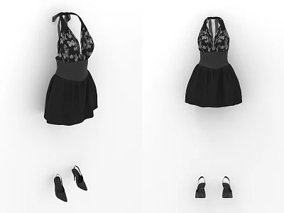 Stylish Black Halter Neck Dress With Patterned Bodice Fitted Waist And Matching Shoes 3d model