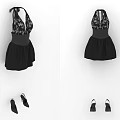Stylish Black Halter Neck Dress With Patterned Bodice Fitted Waist And Matching Shoes
