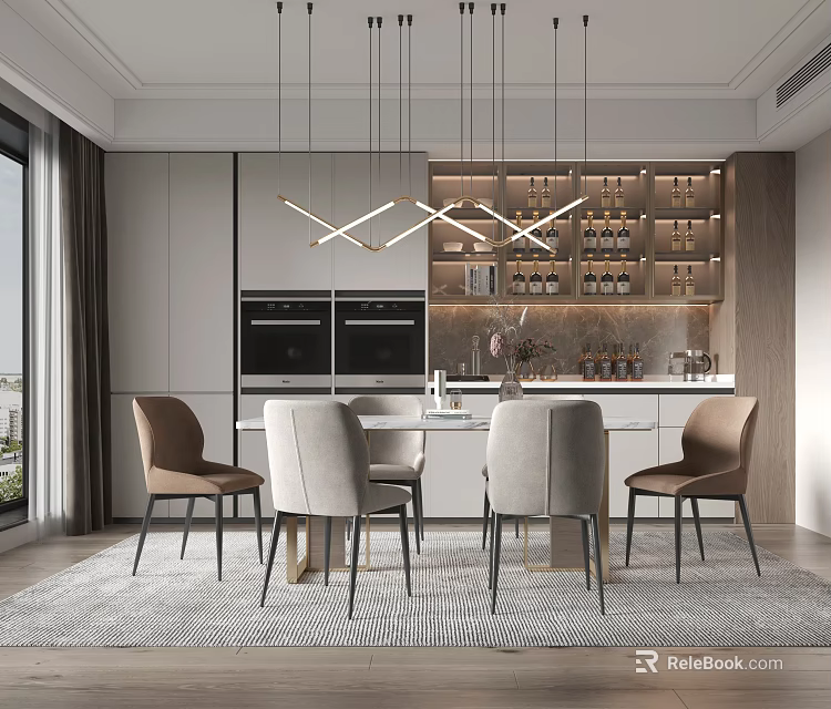Modern Restaurant Interior With Dining Table Chairs Geometric Pendant Lights And Wine Cabinets 3d model