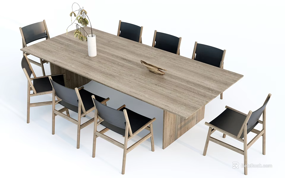 Modern Wooden Dining Table Set With Black Chairs And White Vase Decorative Bowl 3d model 