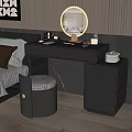 Modern Elegant Bedroom Dressing Table with Round Mirror Marble Countertop Drawers and Stool