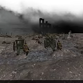 Cartoon Battlefield Scene with Ruined Castle Smoke Soldiers and Old Cannons