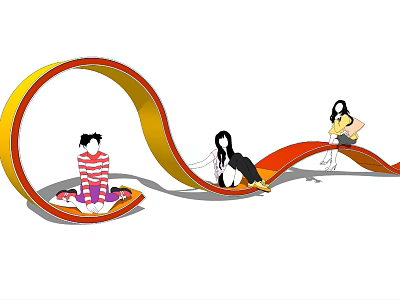 Artistic Curved Outdoor Chair With Red And Yellow Design For Leisure Seating 3d model